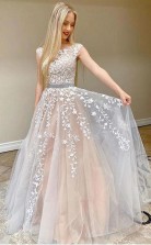 Round Neck Tulle Open Back Long Prom Dress With Lace Applique JTA1151