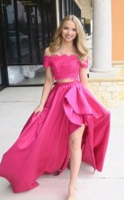 Two Piece Off-the-Shoulder Short Sleeves Fuchsia Prom Dress with Pockets JTA1201