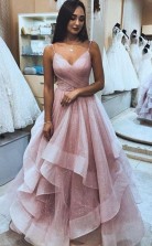 A Line Spaghetti Strap Organza Tiered Pink Prom Formal Dress JTA1241