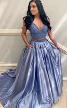 Two Piece V Neck Blue Satin Prom Formal Dress With Beading JTA1261