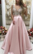 Sparkly Satin Pink Beaded Long Prom Dress with Open Back JTA1301