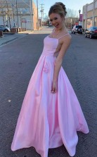 A Line Satin Floor Length Pink Prom Dress With Pockets JTA1331