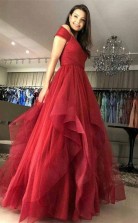 Off the Shoulder Tiered Red Prom Formal Dress with Pleats JTA1621