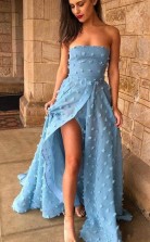 A Line Strapless Sky Blue Lace High Split Long Prom Formal Dress JTA1641