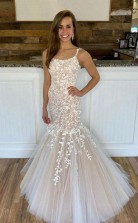 Champagne Tulle Lace Mermaid Long Prom Evening Dress JTA1691