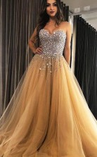 Sweetheart Champagne Tulle Sweep Train Prom Evening Dress with Beading JTA1791