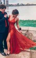Sparkly V Neck A Line Red Long Prom Formal Dress with Split JTA1851