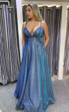 Hot Sexy A Line Spaghetti Straps Blue Long Prom Evening Dress JTA1871
