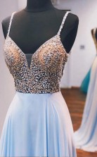 A Line Spaghetti Straps Sky Blue Beaded Long Prom Formal Dress JTA1971