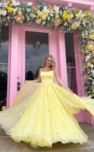 Straps Tulle Bodice 3D Flowers With Back Lace Up Yellow Long Prom Dress JTA1981