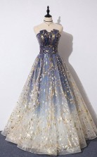 Blue Floral Print Tulle Strapless Long A Line Prom Formal Dress JTA2011