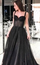 A Line Sweetheart Straps Black Dot Tulle Prom Dress with Beading  JTA2061