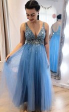 V Neck Appliques A Line Prom Dress Blue Tulle Long Evening Dress JTA2141