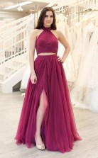 A Line Two Piece Fuchsia Prom Dress Long Split Tulle Evening Dress  JTA2191