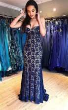 Elegant Sweetheart Mermaid Navy Blue Lace Prom Formal Dress  JTA2361