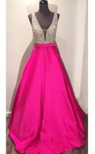 V Neck Floor-length Ball Gown Hot Pink Satin Prom Dress With Beading JTA3791