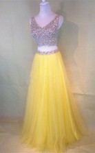 Two-Piece Beaded Sleeveless V Neck Tulle Yellow Prom Dress JTA3801