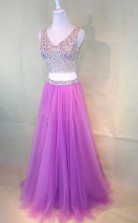 Fuchsia Pink Two-Piece Fashion Beaded V Neck Tulle Prom Dress JTA3811