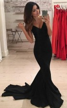 Mermaid Spaghetti Straps Sweep Train Black Satin Prom Dress JTA4151