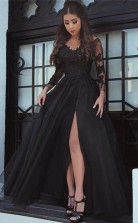 Slit Glamorous Lace Black Long-Sleeve Evening Dress Prom Dress JTA4311