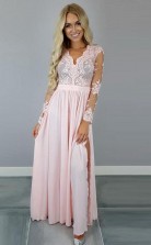 V Neck Long Sleeves Pink Chiffon Slit Prom Dress with Appliques JTA4571