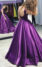 Ball Gown V Neck Sweep Train Satin Sleeveless Backless Prom Dress JTA4821