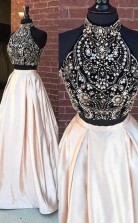 Elegant Two Pieces High Neck Beaded Cheap Long Prom Dress JTA5131