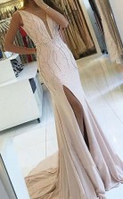 Sheath V Neck Sweep Train Pearl Pink Backless Prom Dress with Beading JTA5191