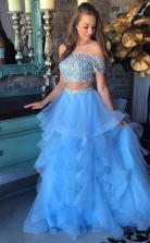 Two Piece Off-the-Shoulder Blue Tiered Organza Prom Dress with Sequins JTA5201