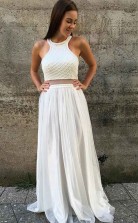 A Line Round Neck Open Back White Prom Party Dress with Beading  JTA5301