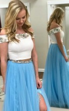 Two Piece Off the Shoulder White and Blue Long Prom Dress with Side Slit JTA5421