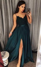 Sexy Dark Green V Neck Lace Bodice Prom Evening Dres Slit Side JTA5481