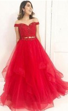 Red Off Shoulder Lace Two Pieces A line Prom Evening Dress JTA5581