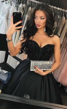 A Line Sweetheart Navy Blue Satin Prom Dress with Beading  JTA5731