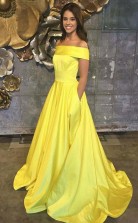 Off The Shoulder Yellow Satin Sleeveless Prom Dress with Pockets JTA5941