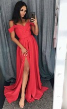 A Line Cold Shoulder Red Satin Prom Evening Dress with Split JTA6161