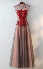Unique High Neck Black Tulle And Red Lace Sleeveless Prom Dress  JTA6341