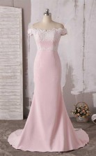 Cute Pink Off The Shoulder Neckline Lace Prom Dress Bridesmaid Dress  JTA6381