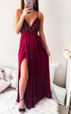 Spaghetti Straps Pleated Dark Red Long Prom Party Dress with Sequins JTA6451