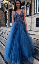 A Line V Neck Tulle Backless Prom Dress with Sequins Appliques JTA6551