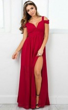 A Line V Neck Floor-Length Dark Red Chiffon Prom Dress with Split JTA6611