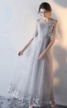 A Line Short Sleeves Gray Tulle Lace Prom Dress Gray Evening Dress JTA6661