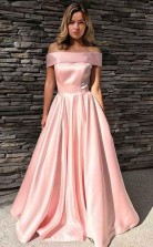 A Line Off-the-Shoulder Sweep Train Pink Satin Prom Dress with Pockets JTA6681
