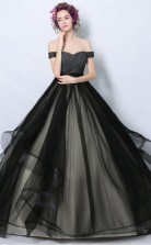 Simple Black Tulle Formal Dress Ball Gown With Off Shoulder Straps  JTA7051