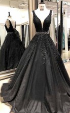 A Line V Neck Open Back Black Lace Long Prom Dress with Beading JTA7131