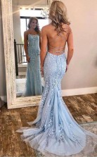 Mermaid Spaghetti Straps Criss Cross Light Blue Lace Long Prom Dress JTA7211