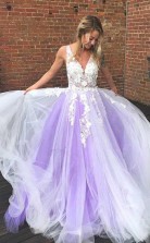 A Line V Neck Pink Tulle Prom Formal Dress With Lace Applique JTA7281