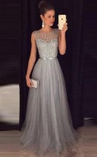 Sparkly A Line Scoop Open Back Grey Beaded Long Prom Dress  JTA7321
