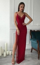 Red Spaghetti Mermaid Long Side Slit Sheath Prom Dress JTA7641