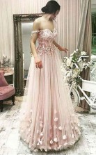 Off the Shoulder Sweetheart Grey Pink Lace and Flower Long Prom Dress JTA7731